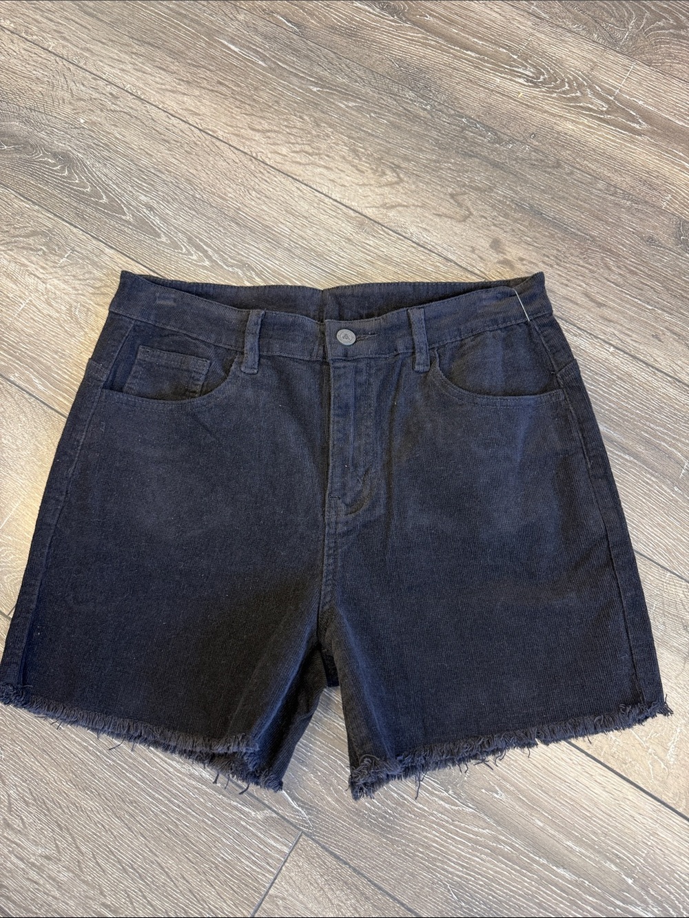 High-Rise Black Denim Jean Shorts with Frayed Hem